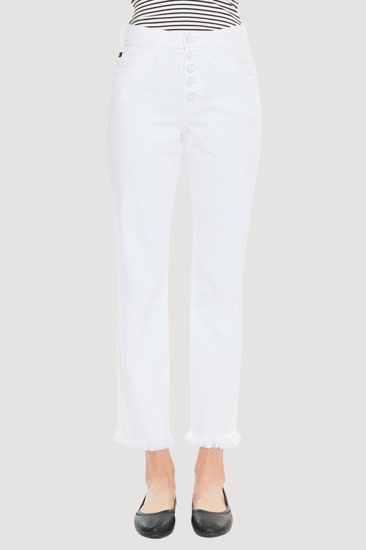 White High Rise Straight Leg Frayed Hem Jeans from Southern Sunday