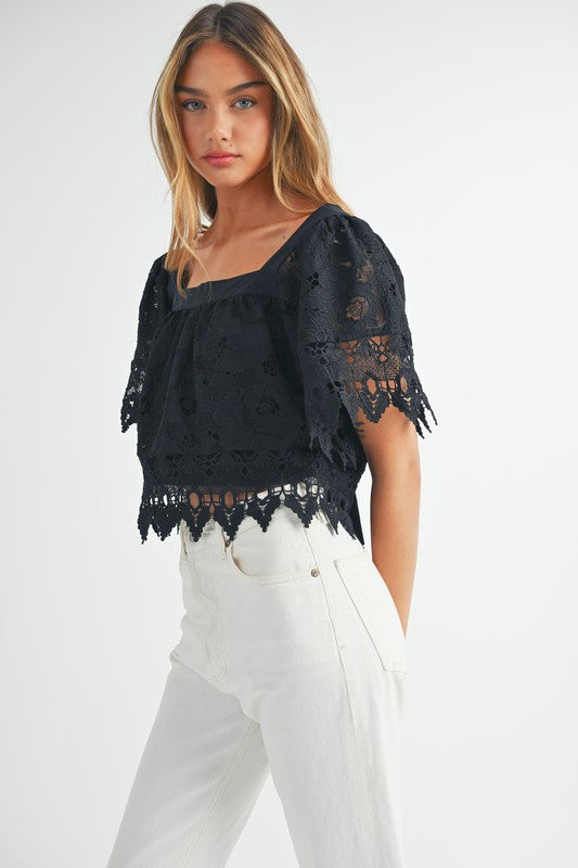 Black Square Neck Crochet Lace Top from Southern Sunday