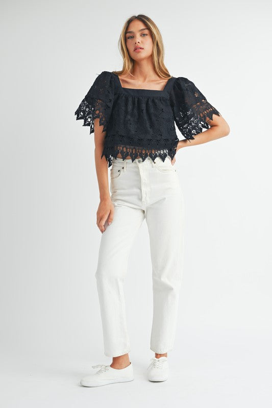 Black Square Neck Crochet Lace Top from Southern Sunday