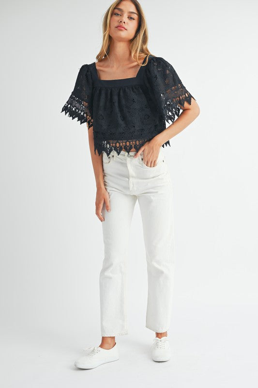 Black Square Neck Crochet Lace Top from Southern Sunday