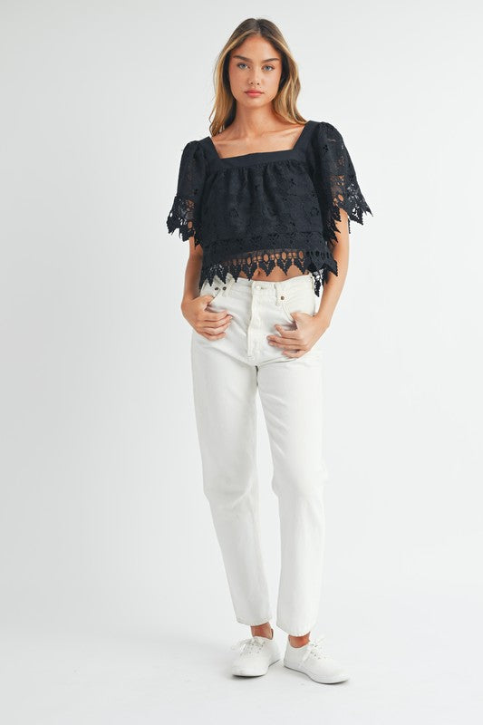 Black Square Neck Crochet Lace Top from Southern Sunday