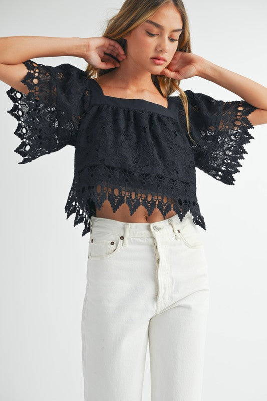 Black Square Neck Crochet Lace Top from Southern Sunday