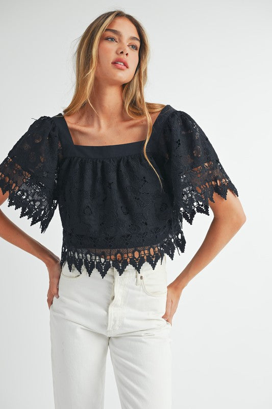 Black Square Neck Crochet Lace Top from Southern Sunday