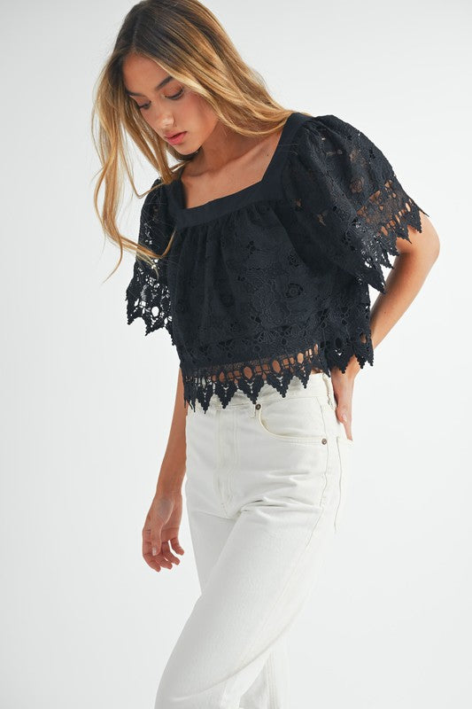 Black Square Neck Crochet Lace Top from Southern Sunday