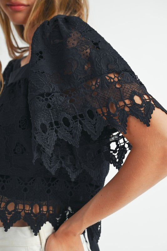 Black Square Neck Crochet Lace Top from Southern Sunday