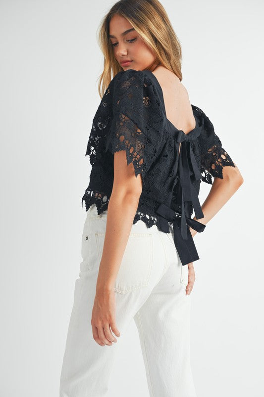 Black Square Neck Crochet Lace Top from Southern Sunday