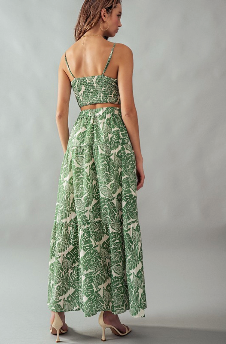 Front Tie Leaf Print Crop and Tiered Skirt Set from Southern Sunday