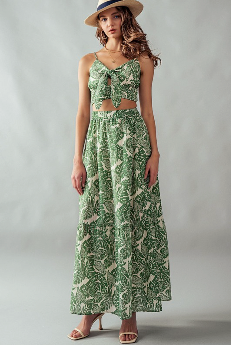 Front Tie Leaf Print Crop and Tiered Skirt Set from Southern Sunday