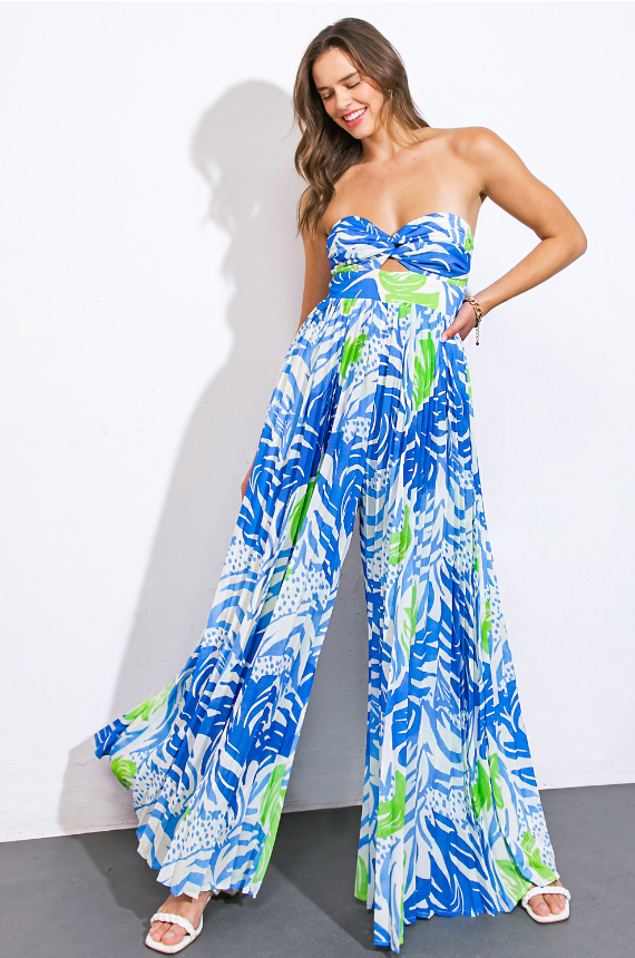 Blue Tropical Pleated Jumpsuit from Southern Sunday