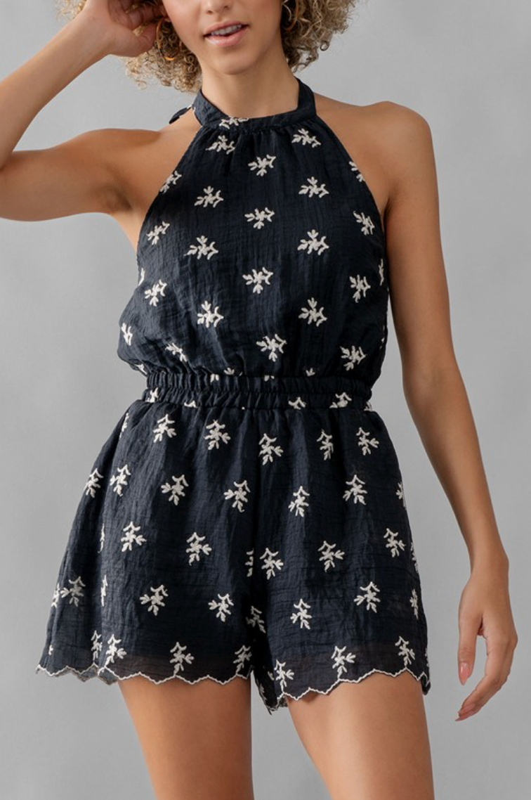 Dark Navy Embroidered Floral Romper from Southern Sunday