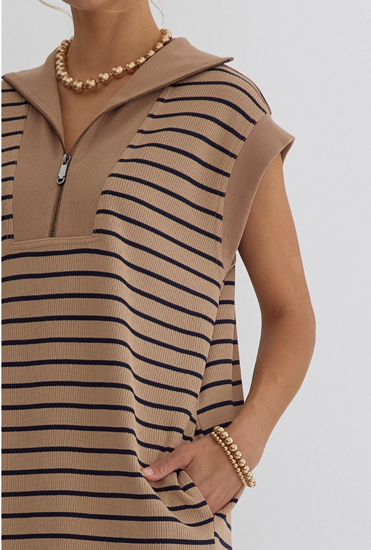 Taupe & Navy Striped Sleeveless Sweater Dress from Southern Sunday