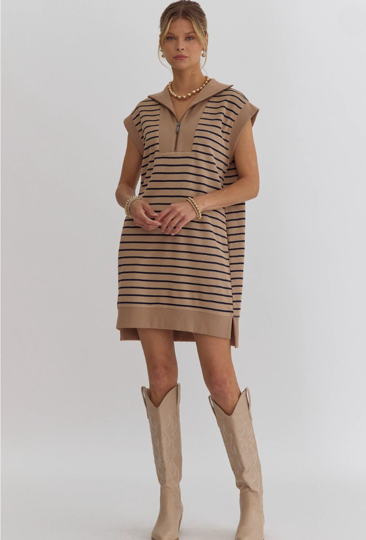 Taupe & Navy Striped Sleeveless Sweater Dress from Southern Sunday