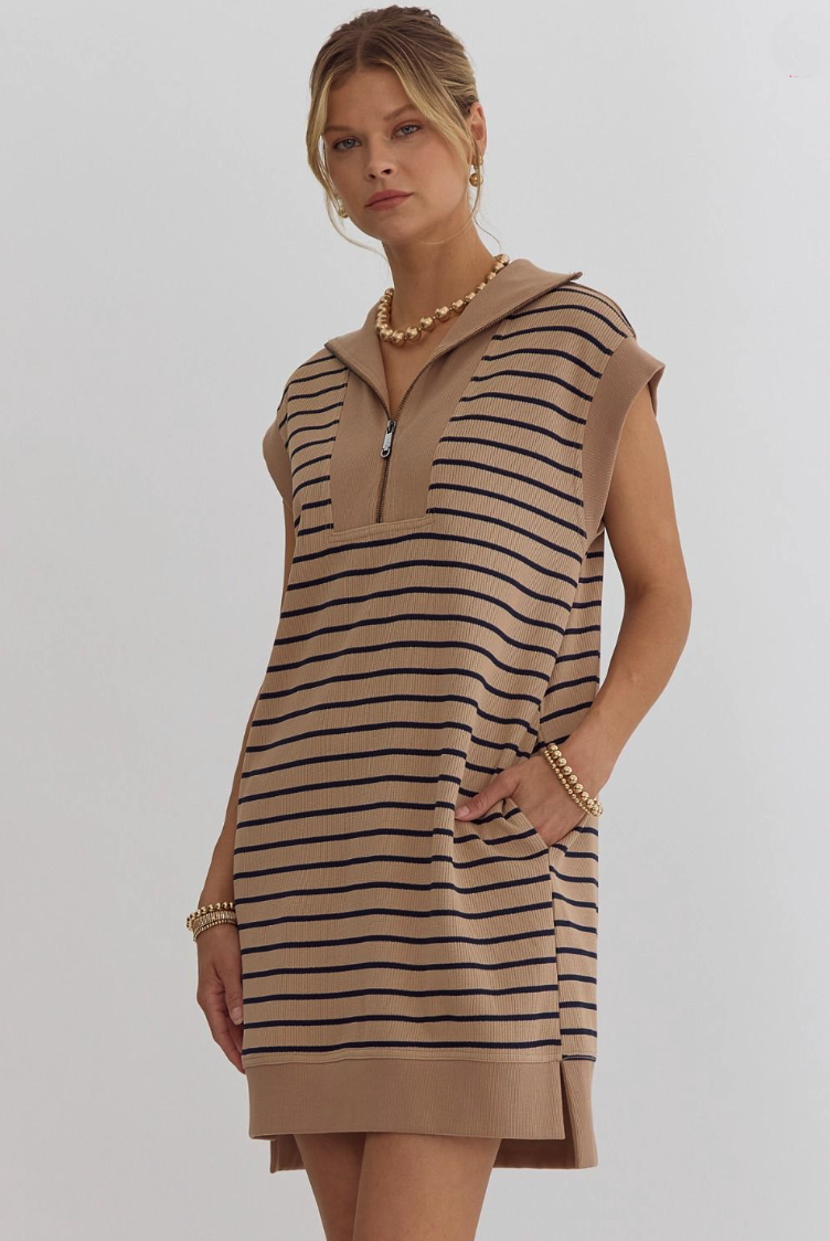 Taupe & Navy Striped Sleeveless Sweater Dress from Southern Sunday