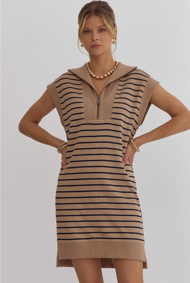 Taupe & Navy Striped Sleeveless Sweater Dress from Southern Sunday