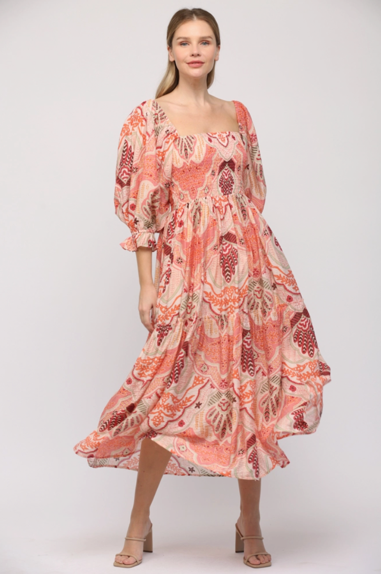 Pink Abstract Print Smocked Bodice Midi Dress from Southern Sunday