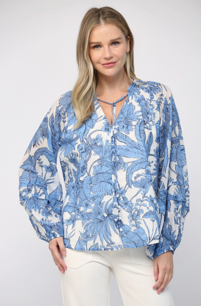 Blue & White Tropical Cotton Blouse From Southern Sunday