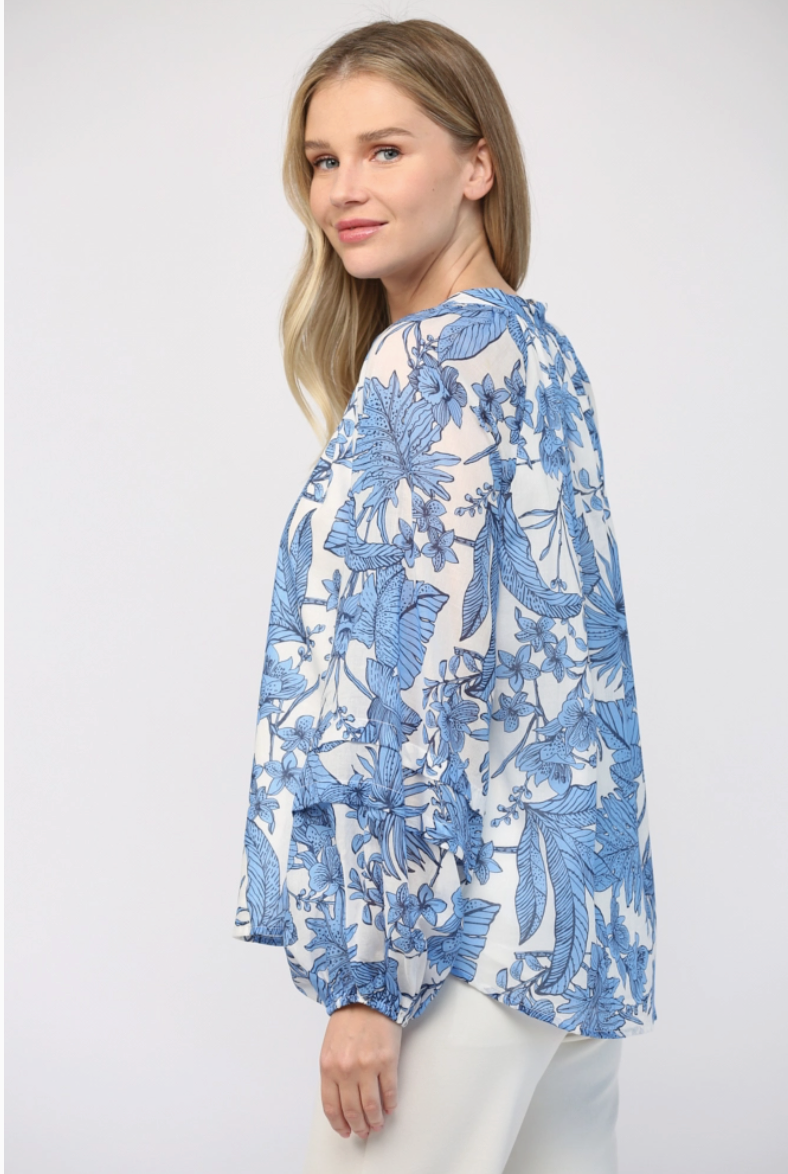 Blue & White Tropical Cotton Blouse From Southern Sunday