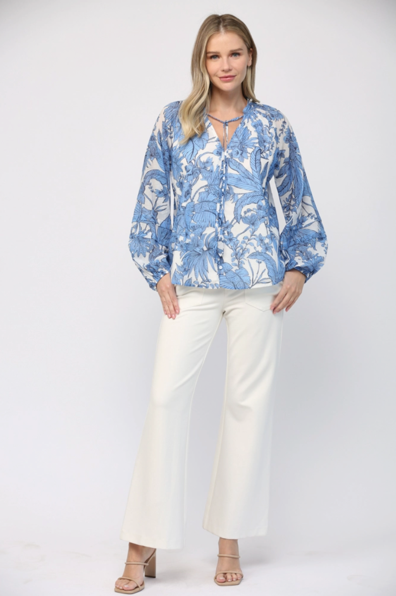 Blue & White Tropical Cotton Blouse From Southern Sunday