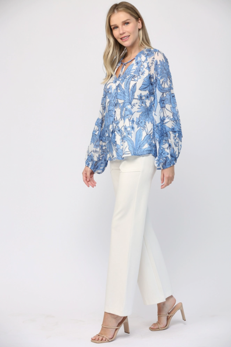 Blue & White Tropical Cotton Blouse From Southern Sunday