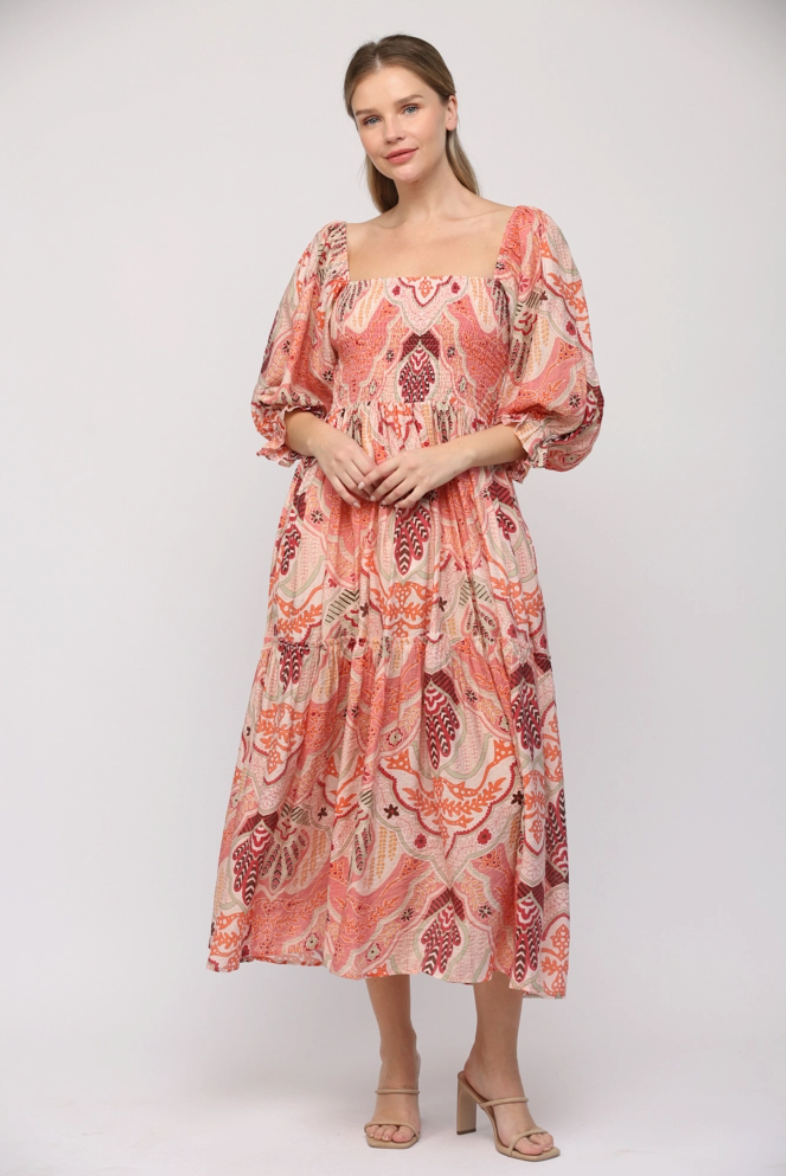 Pink Abstract Print Smocked Bodice Midi Dress from Southern Sunday