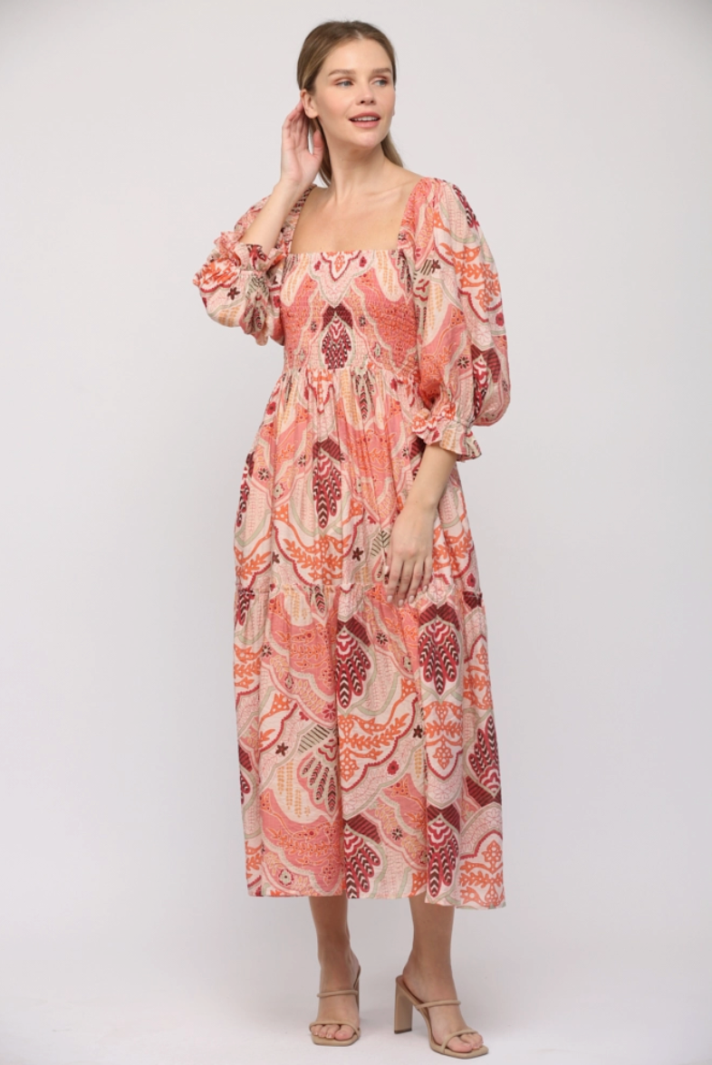 Pink Abstract Print Smocked Bodice Midi Dress from Southern Sunday