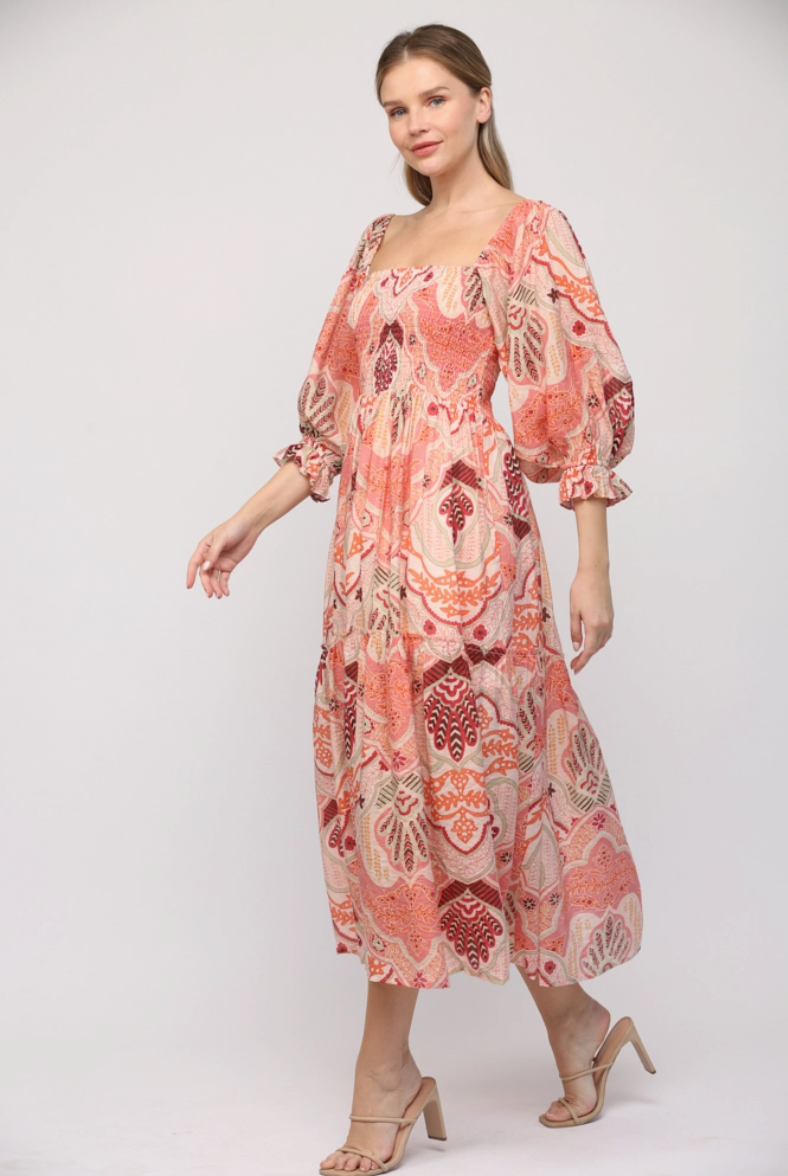 Pink Abstract Print Smocked Bodice Midi Dress from Southern Sunday