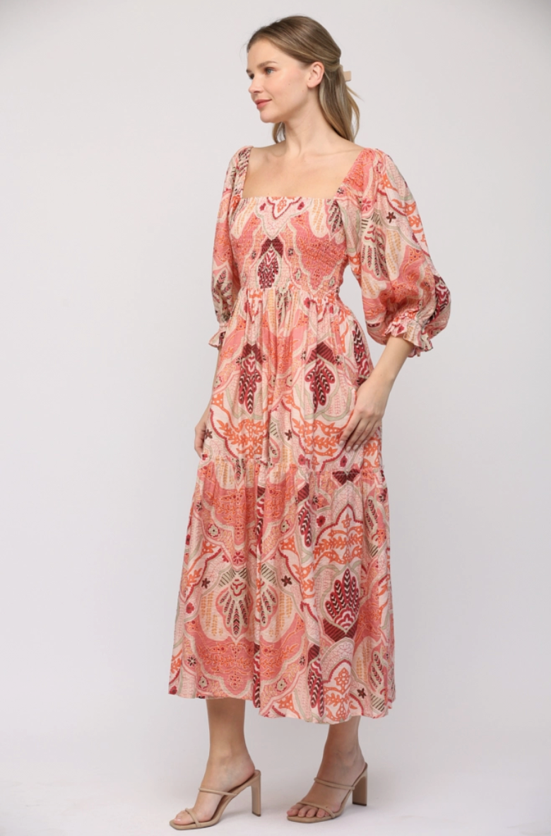 Pink Abstract Print Smocked Bodice Midi Dress from Southern Sunday