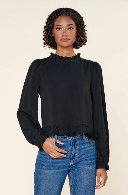 Black Ruffle Long Sleeve Blouse from Southern Sunday