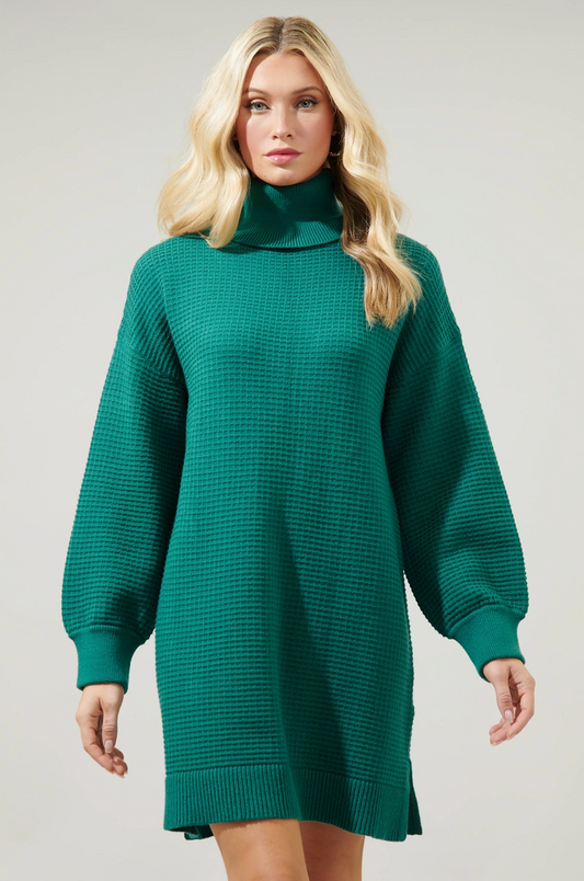 Emerald Waffle Knit Sweater Dress from Southern Sunday