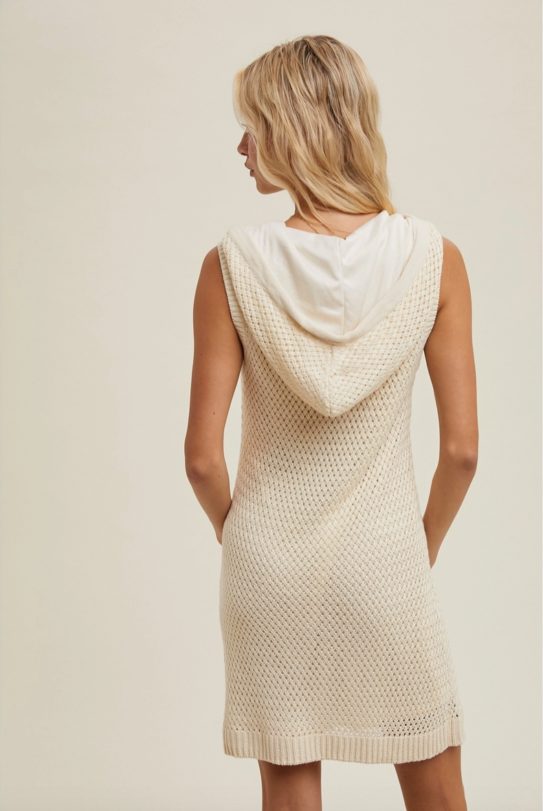 Natural Hooded Crochet Mini Dress from Southern Sunday