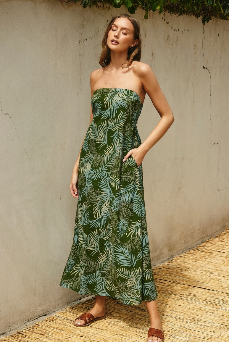 Green Palm Print Strapless Maxi Dress from Southern Sunday