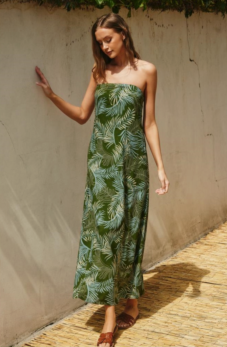 Green Palm Print Strapless Maxi Dress from Southern Sunday