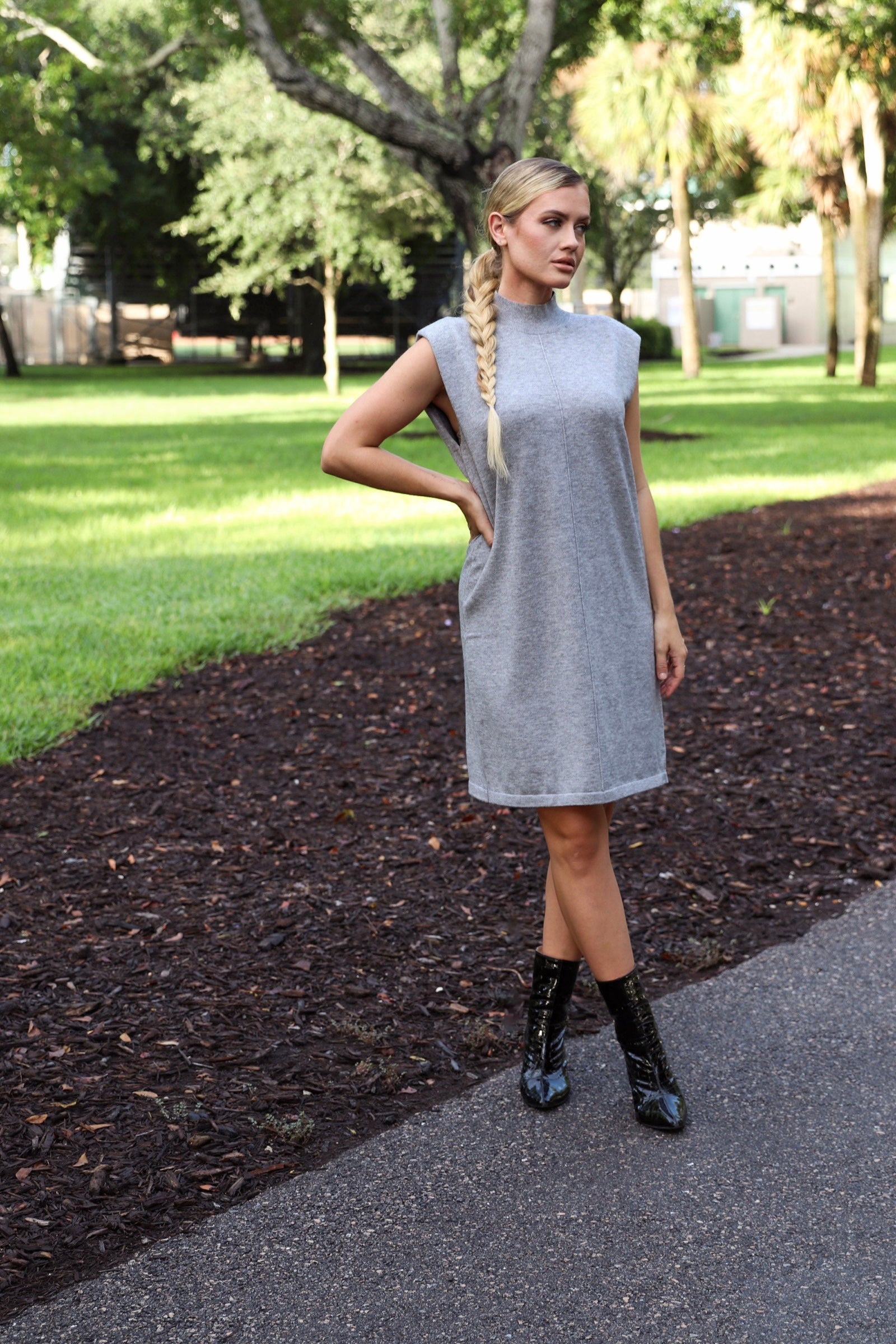 Grey Mock Neck Sleeveless Knit Dress From Southern Sunday