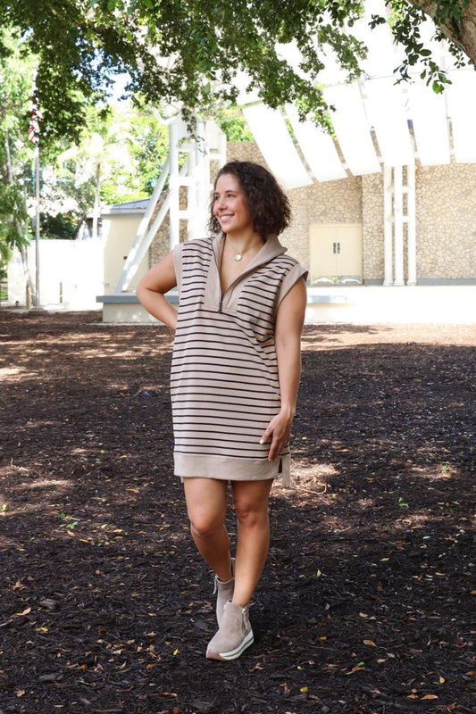 Taupe & Navy Striped Sleeveless Sweater Dress from Southern Sunday